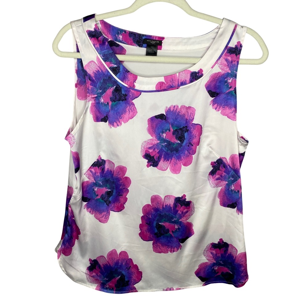 Ann Taylor Petite Floral Watercolor Shell Top Purple Pink White LP‎ Sleeveless